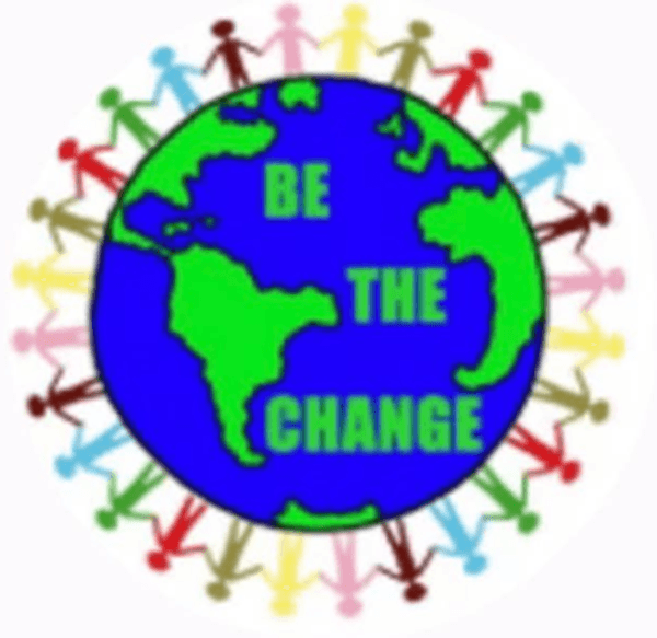 Be The Change logo — figures of many colours joining hands around a globe.