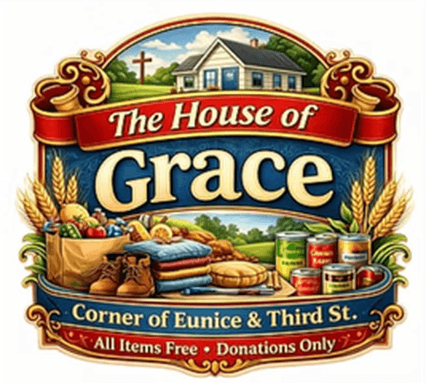 The House of Grace logo — a community pantry at the corner of Eunice and Third Street, all items free, donations only.