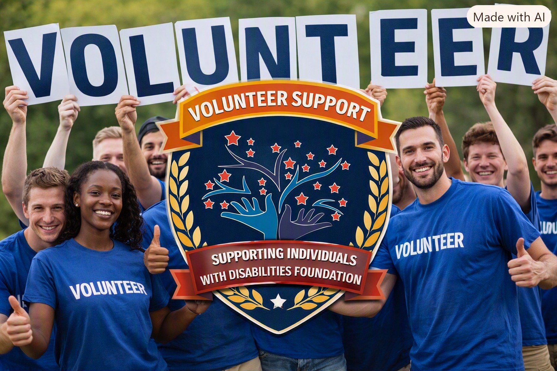 SIWD Foundation volunteers in blue shirts holding up letters spelling VOLUNTEER.