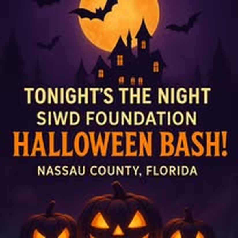A promotional graphic announcing the SIWD Foundation Halloween Bash in Nassau County, Florida.